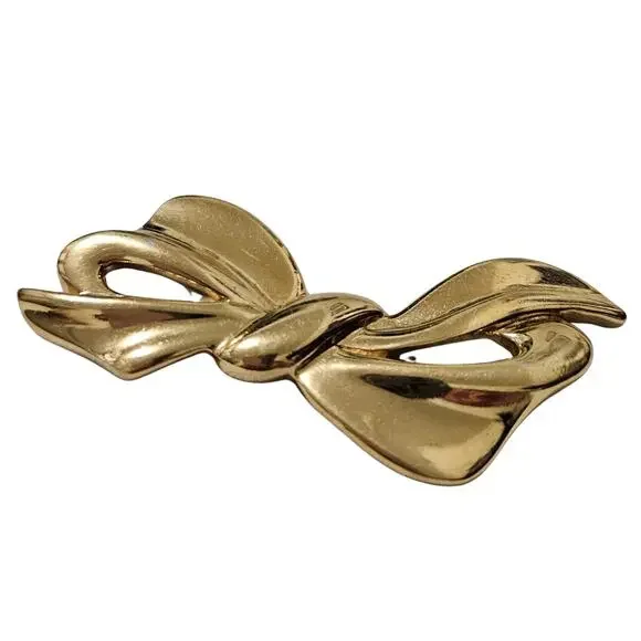 Napier Signed Polished Gold Tone Retro Bow Ribbon Brooch Safety Latch Vintage - Picture 3 of 6
